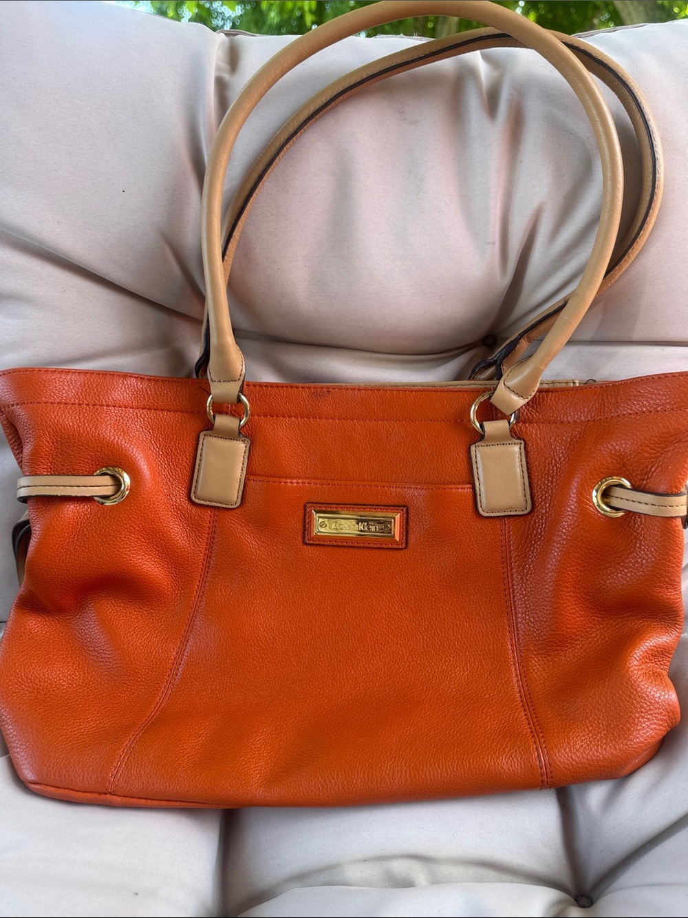 Calvin Klein Orange Leather Tote with Beige Handles